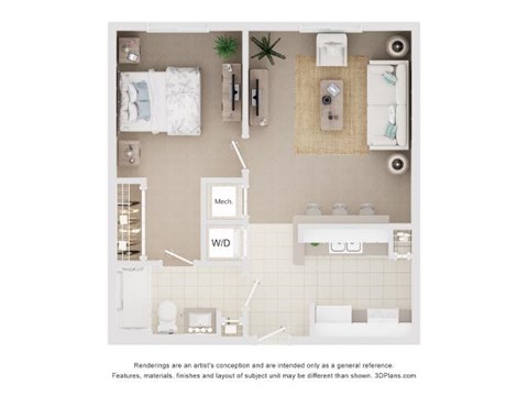 Floor plan for 1 bed, 1 bath, 600 sqft